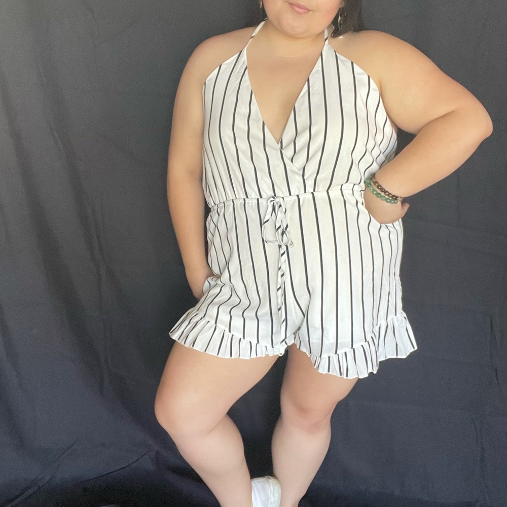 Black and White Striped Halter Romper- SOLD